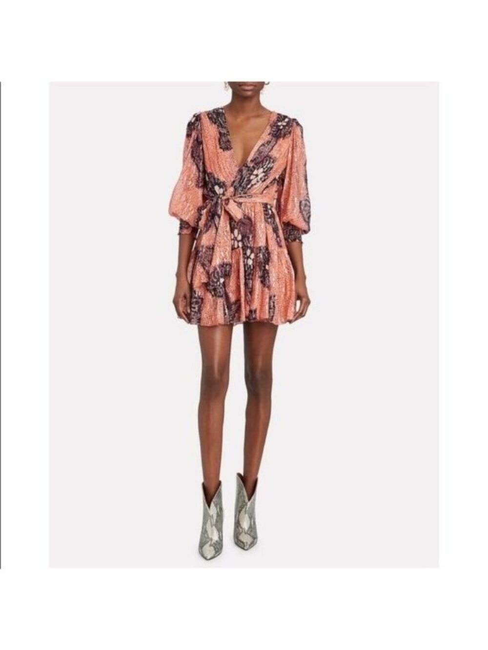 Ulla Johnson Metallic Snake Print Wrap Mini Dress Long Sleeve Tie Waist